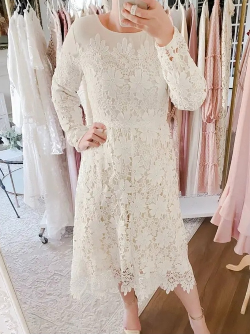 Dainty Jewells Ivory Floral Lace Long-Sleeve Midi Dress